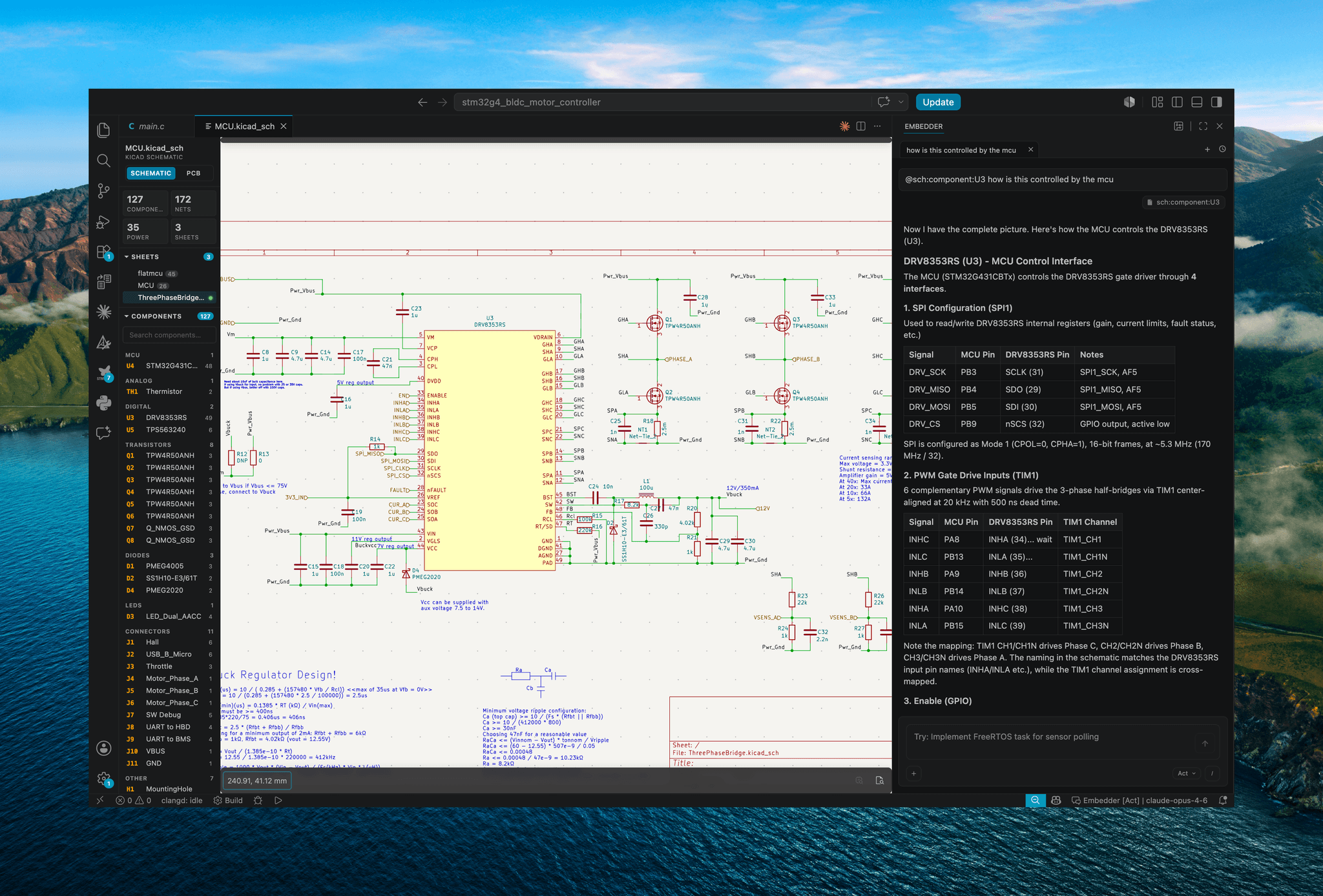 Embedder guiding board bring-up alongside a KiCad schematic